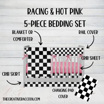 Hot Pink Crib Bedding Set, 5 - Piece, Racing Nursery - The Creative Raccoon