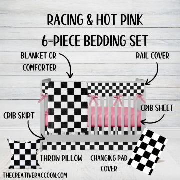 Hot Pink Crib Bedding Set, 6 - Piece, Racing Nursery - The Creative Raccoon