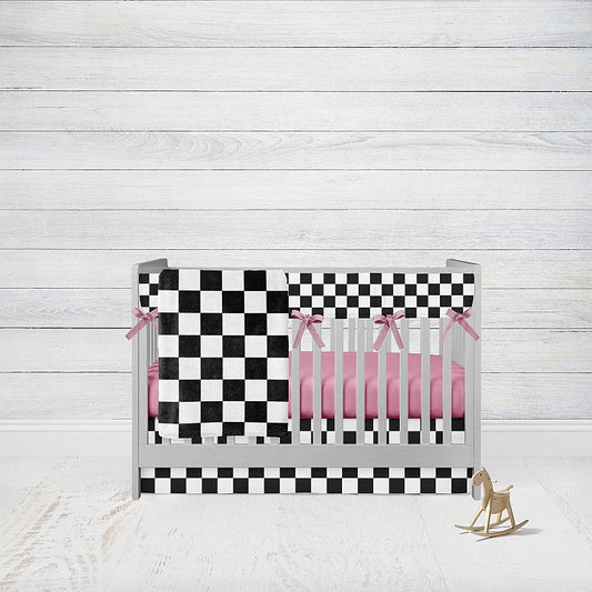 Hot Pink Mini Crib Bedding Set, 4 - Piece, Racing Nursery - The Creative Raccoon