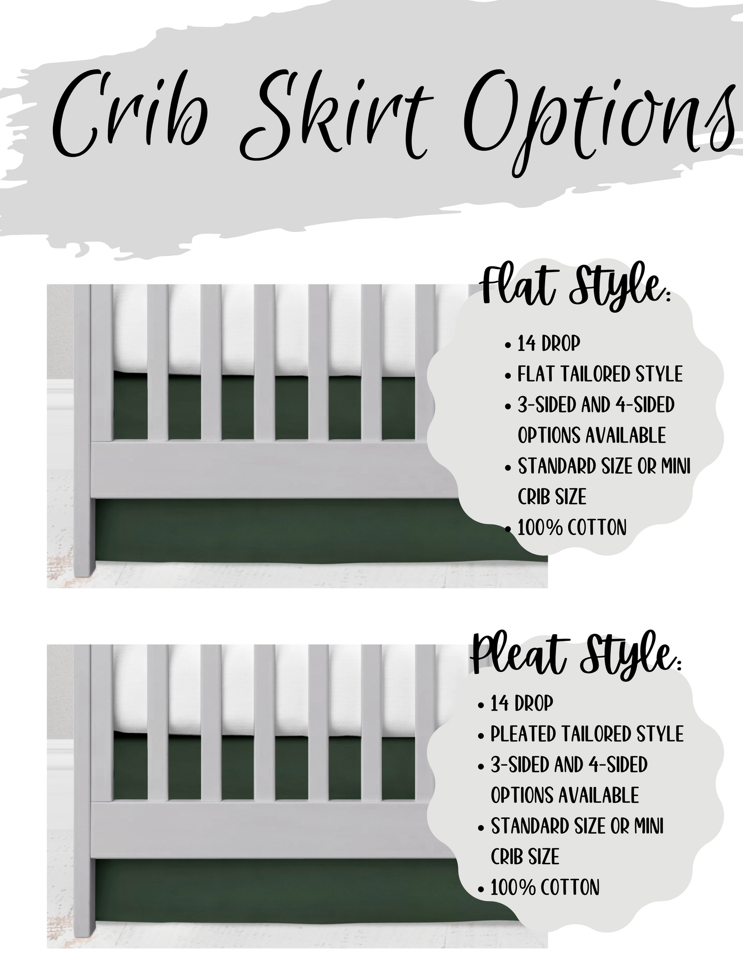 crib skirt options - available in flat & pleat
