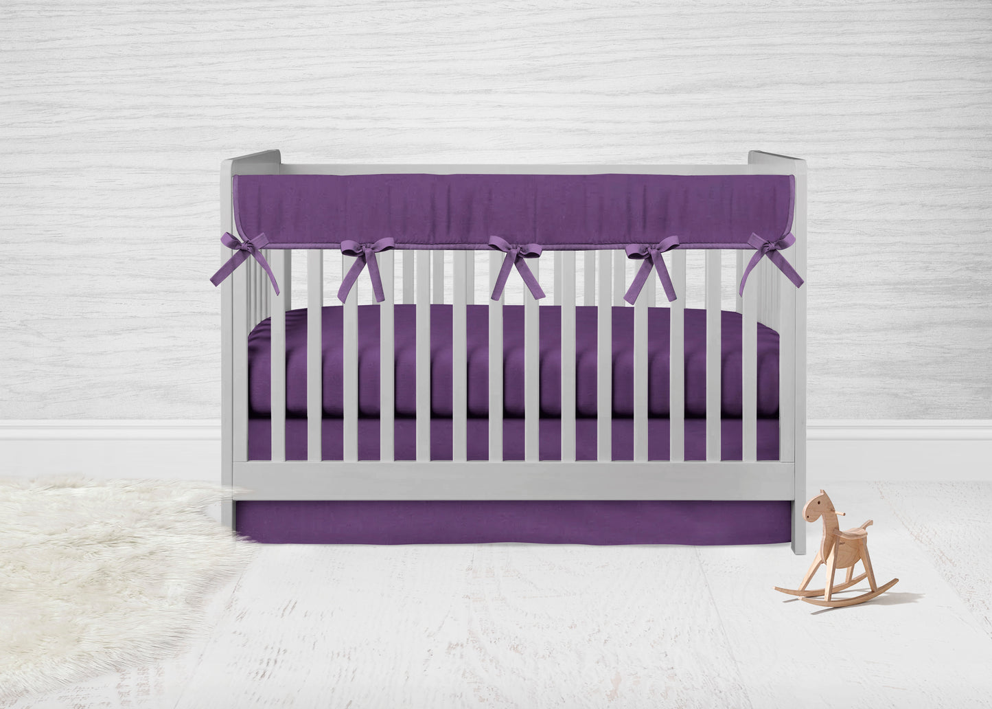 purple rail cover 1 long side, crib sheet & crib skirt in the flat option