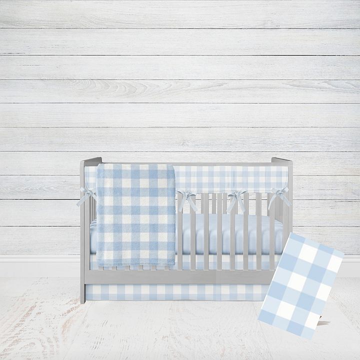 Light Blue Gingham Crib Bedding 5 - Piece Set, Boy Nursery Bedding - The Creative Raccoon