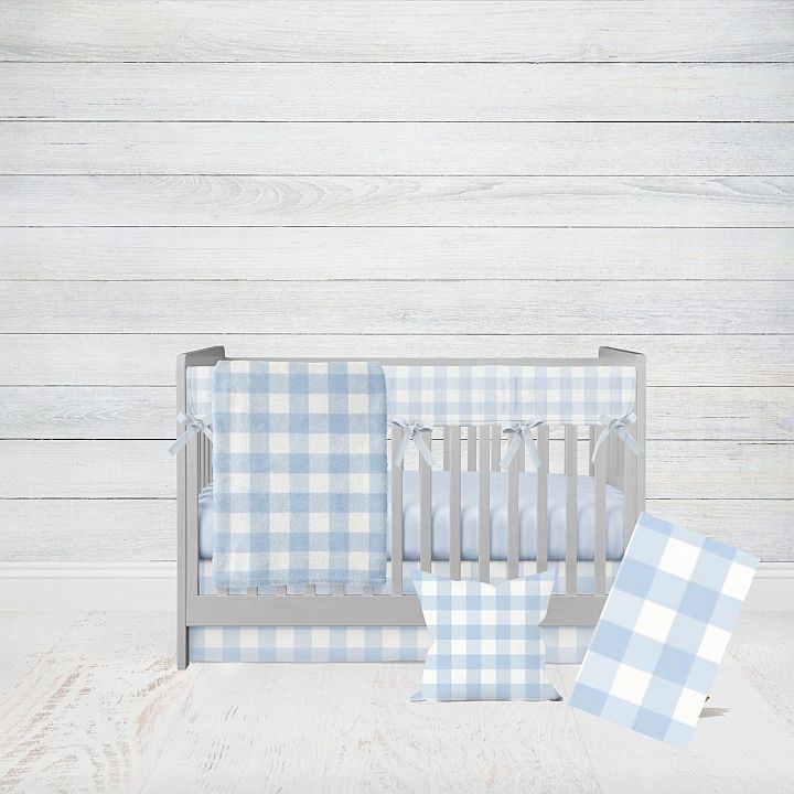 Light Blue Gingham Crib Bedding 6 - Piece Set, Boy Nursery Bedding - The Creative Raccoon