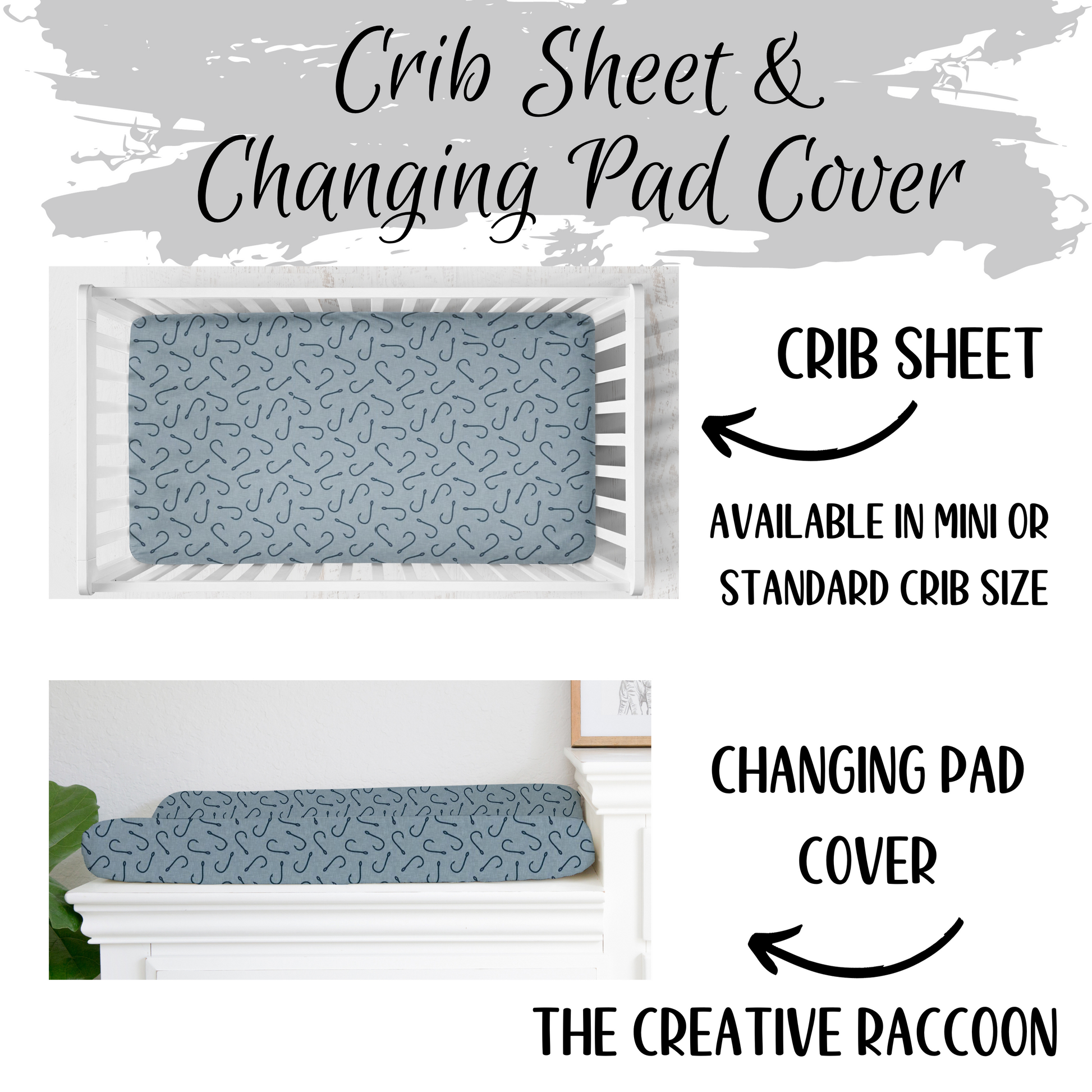 dusty blue (light blue) fishing hook crib sheet & changing pad cover