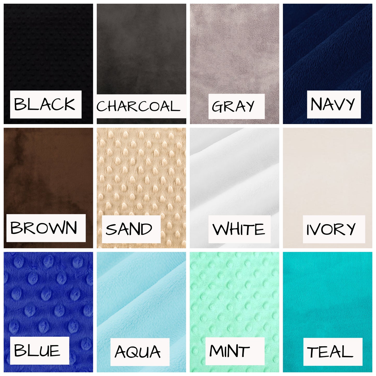 minky colors available - black, charcoal, gray, navy, brown, sand, white, ivory, blue, aqua, mint & teal