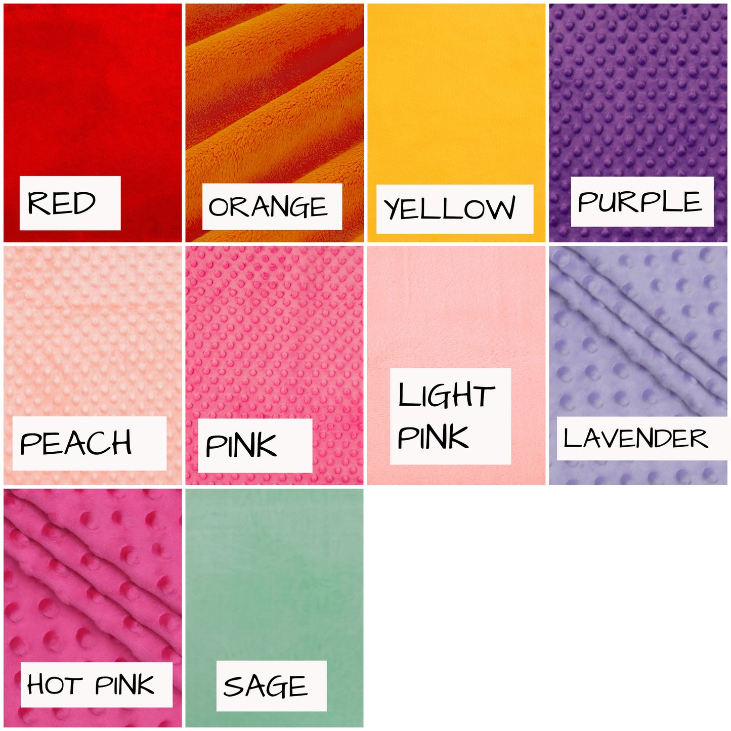 minky colors available - red, orange, yellow, purple. peach, pink, light pink, lavender, hot pink & sage.