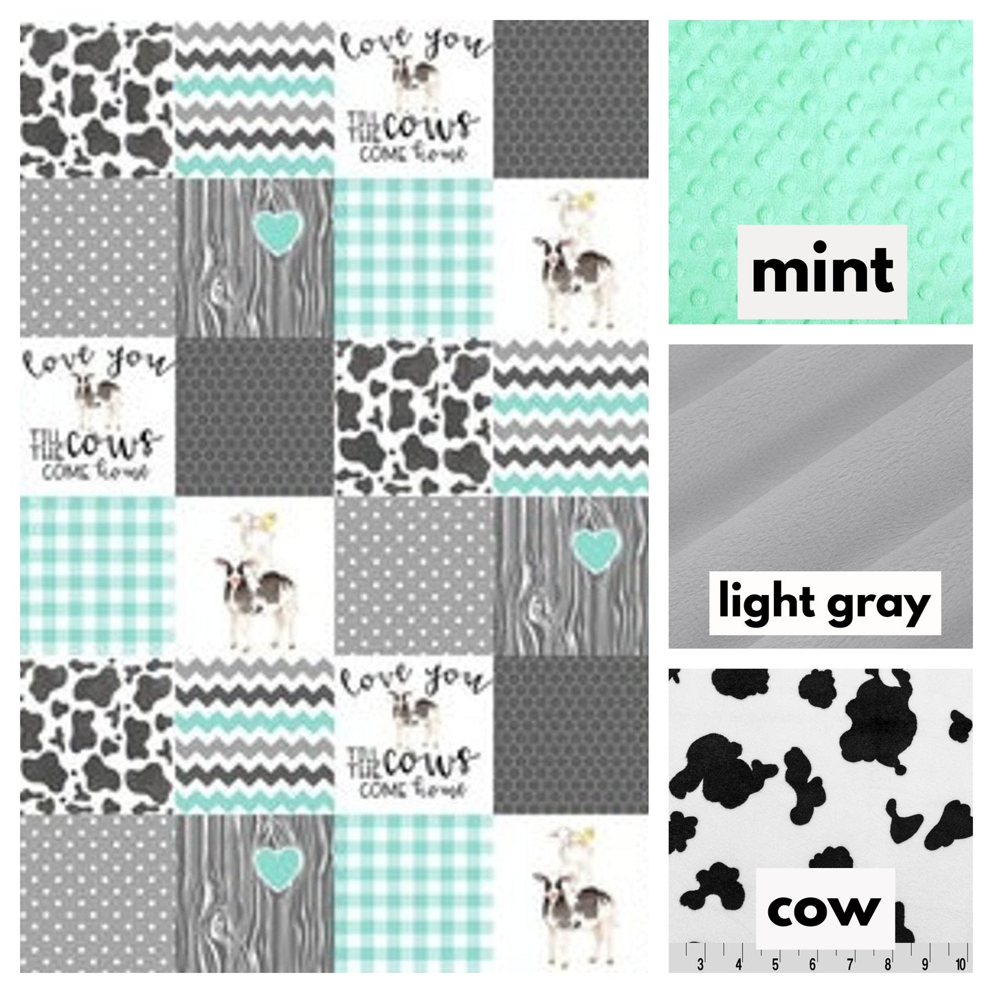minky colors available - mint, light gray & cow