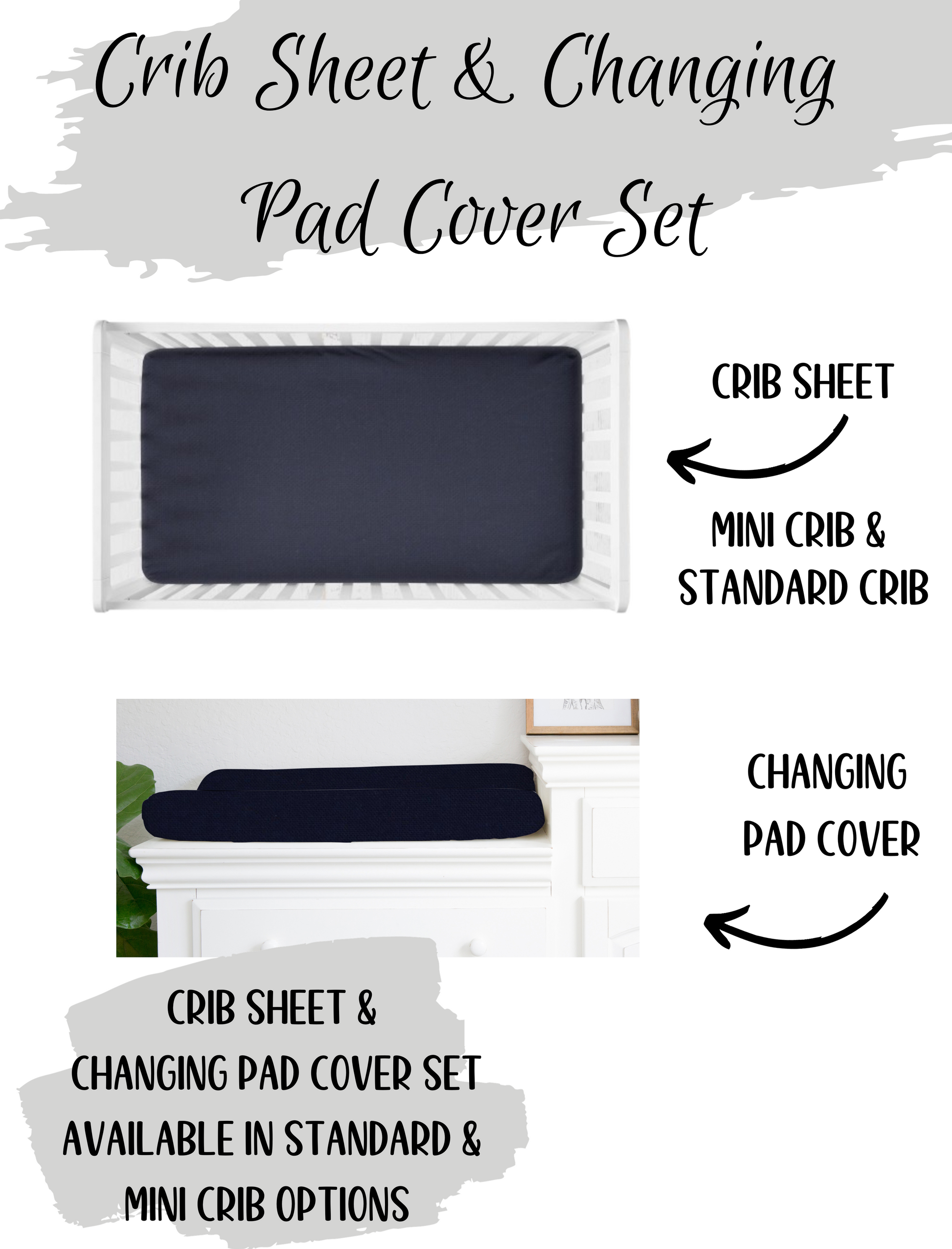 navy blue crib sheet & changing pad cover