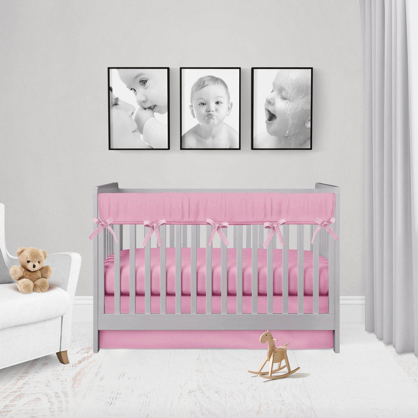 mini crib set shown in pink rail cover, pink crib sheet & pink crib skirt - shown in the flat option