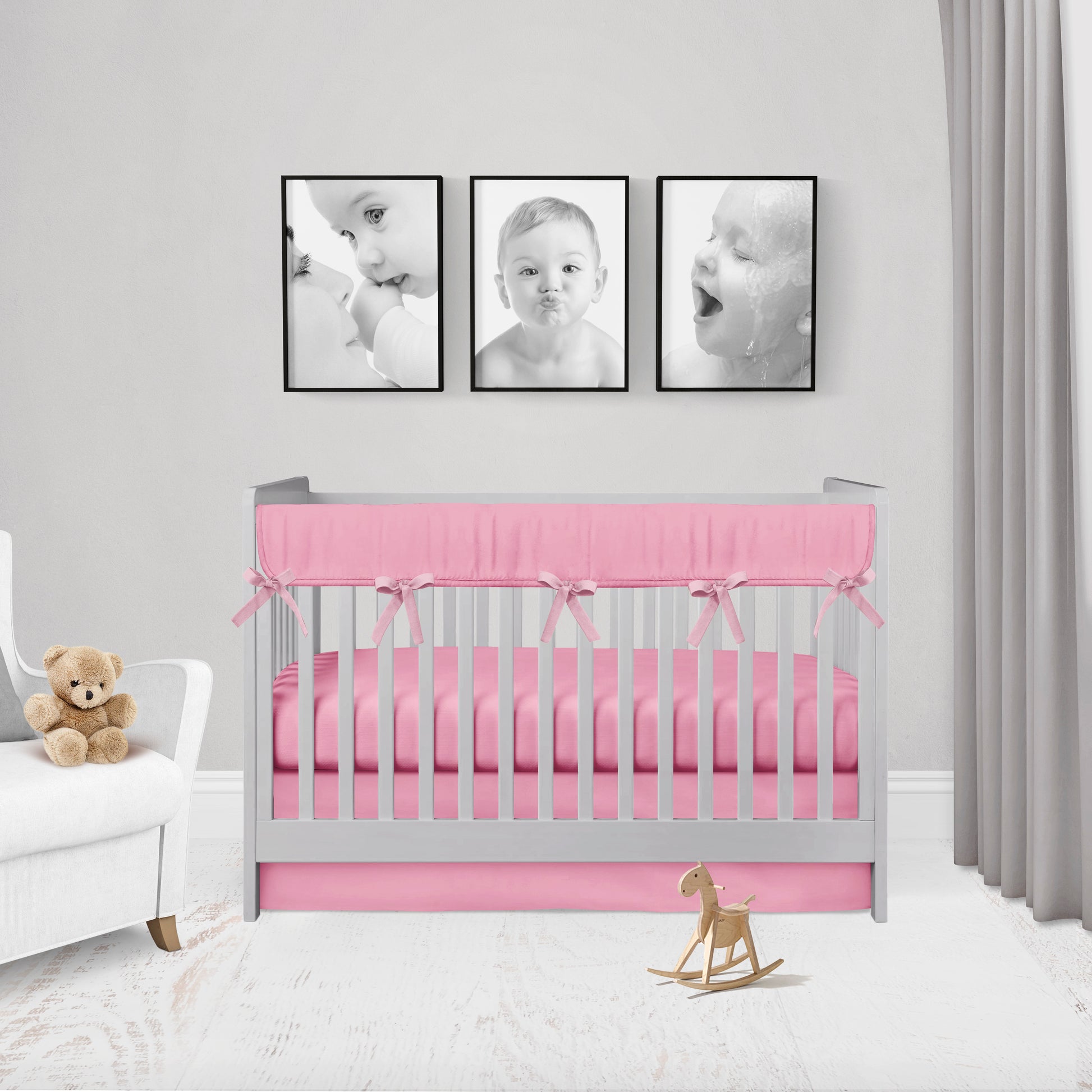 hot pink mini crib set; rail cover, crib sheet & crib skirt in the flat option