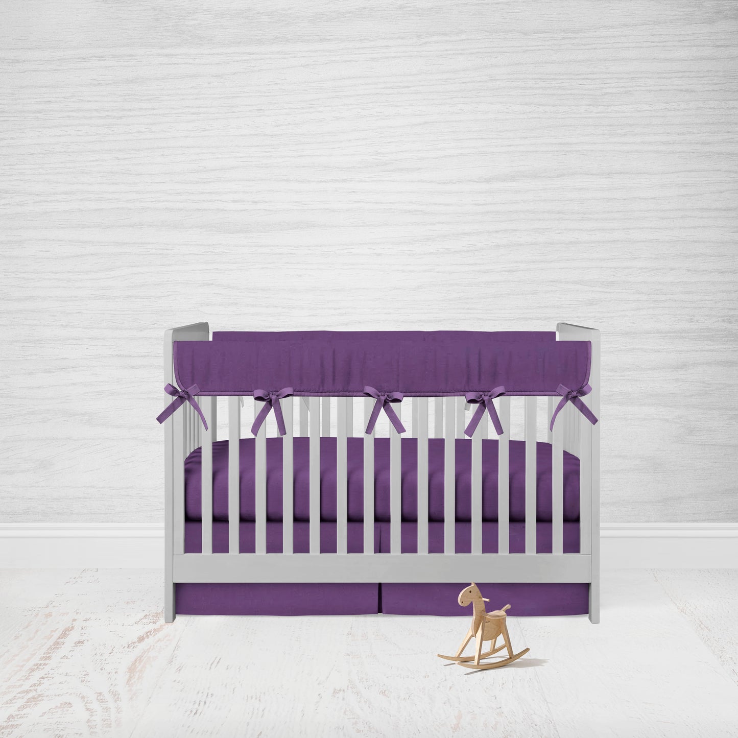 purple rail cover 1 long side, crib sheet & crib skirt in the pleat option