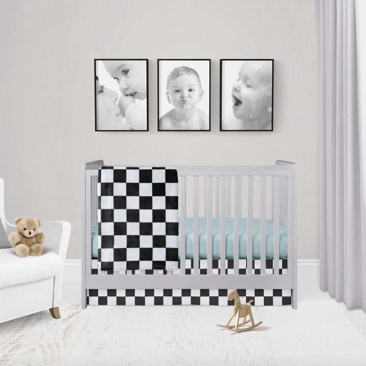 Racing Check Crib Bedding 3 - Piece Set, Checkered Blanket Black and White - The Creative Raccoon