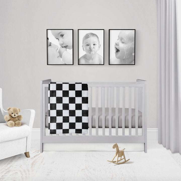 Racing Check Crib Bedding Set, Checkered Blanket Black and White - The Creative Raccoon