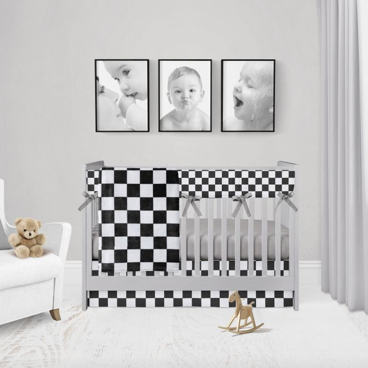 Racing Check Crib Bedding Set, Checkered Blanket Black and White - The Creative Raccoon