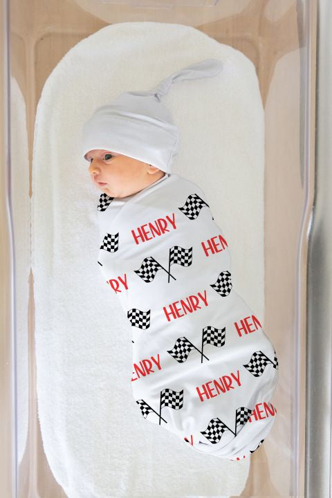 Racing Swaddle Blanket with Name, Checkered Blanket Black and White - The Creative Raccoon
