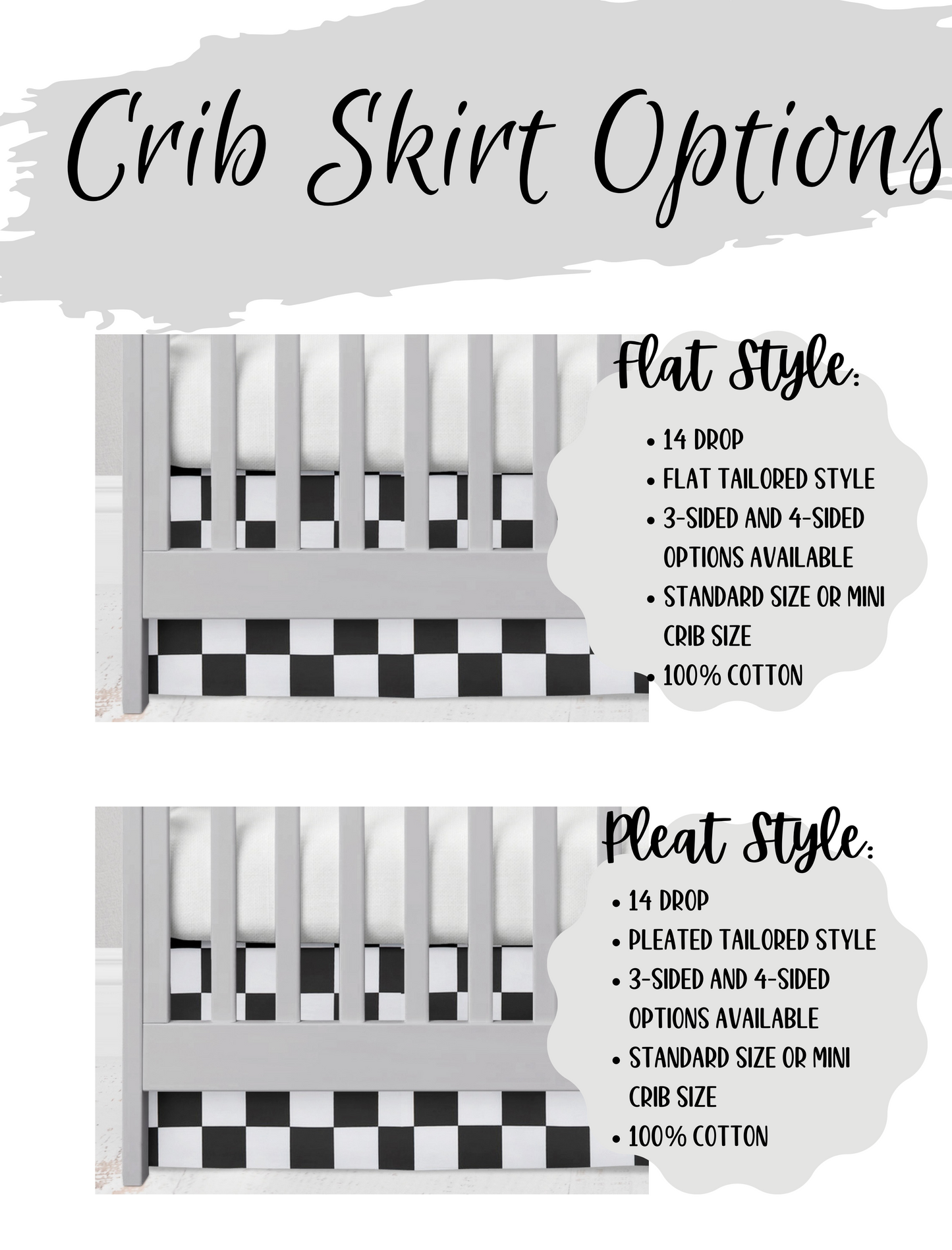 Racing Check Crib Skirt, Rail Cover, Black Crib Sheet