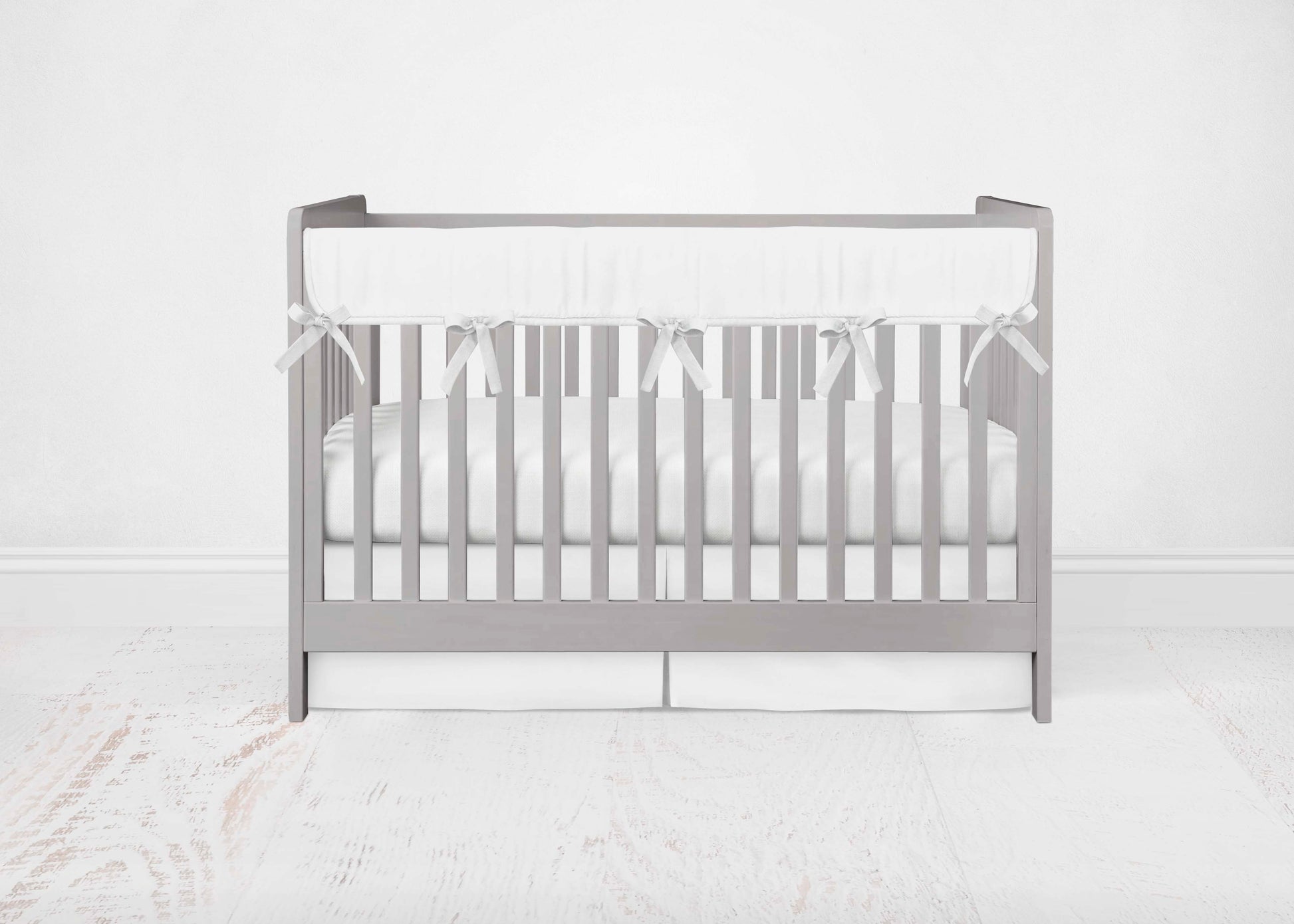 white crib bedding - rail cover, pleat crib skirt & crib sheet