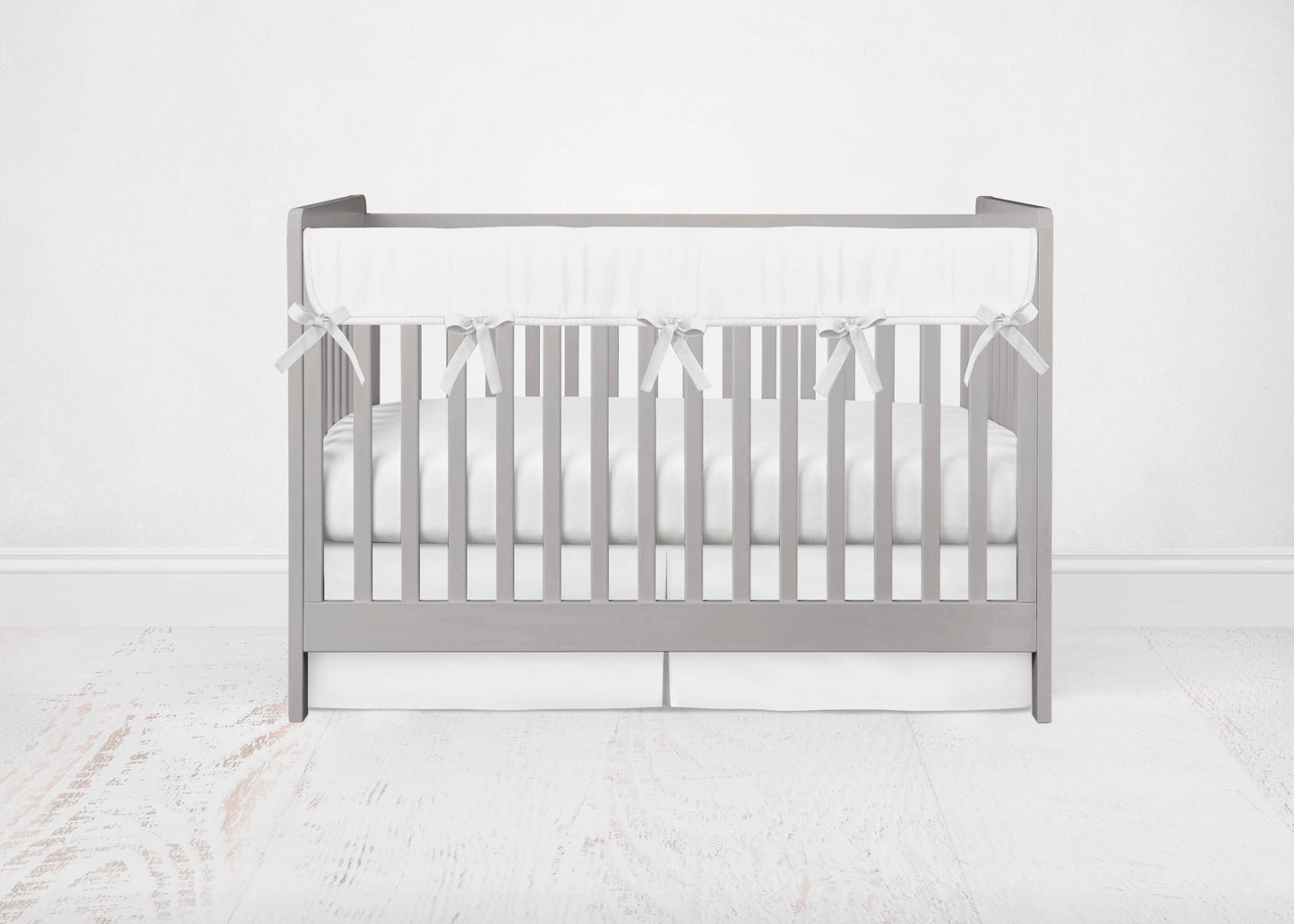 white mini crib bedding, rail cover, crib sheet & pleat crib skirt