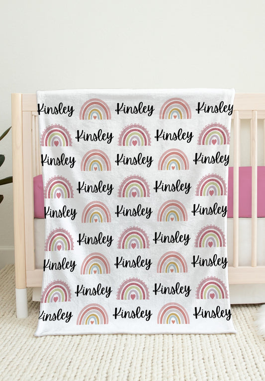 personalized rainbow blanket with name, velveteen pluch blanket, printed on one side only.