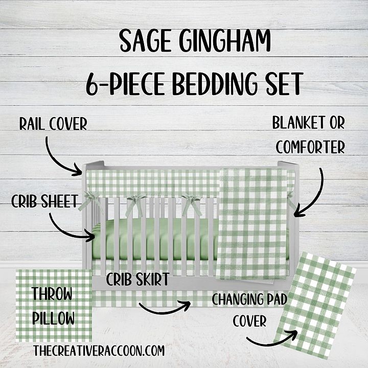 Sage Gingham Crib Bedding, Sage Nursery Bedding - The Creative Raccoon