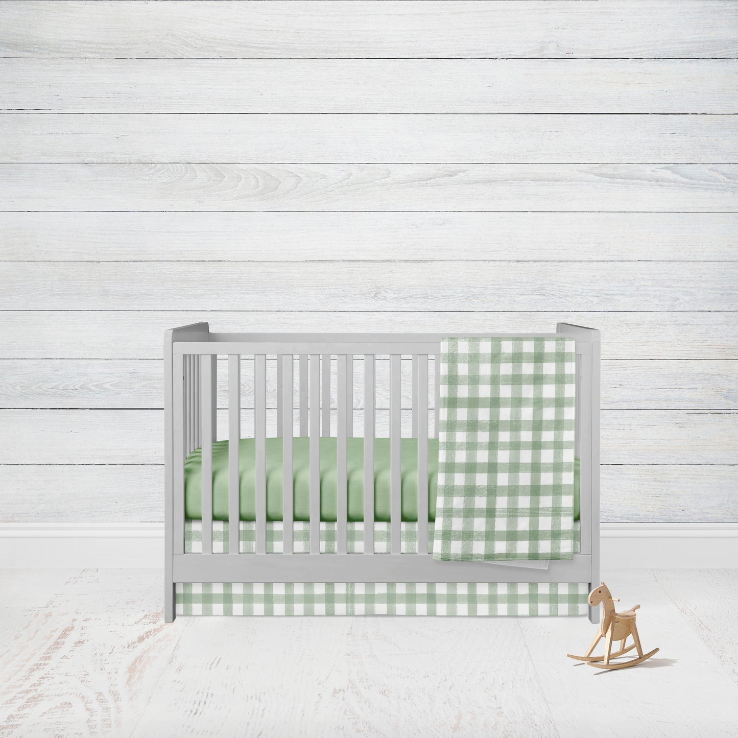 sage gingham check crib bedding set, shown in the 3-piece set with sheet, crib skirt & blanket or comforter