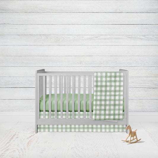 sage gingham check crib bedding set, shown in the 3-piece set with sheet, crib skirt & blanket or comforter