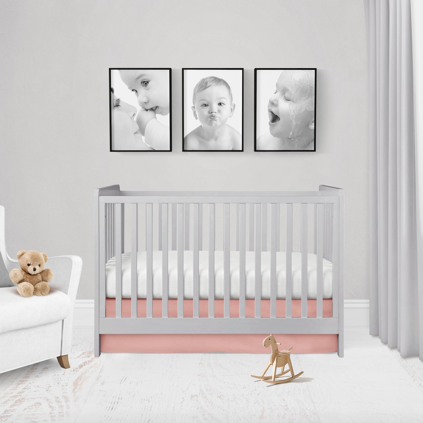 coral crib skirt shown in the flat or straight option 