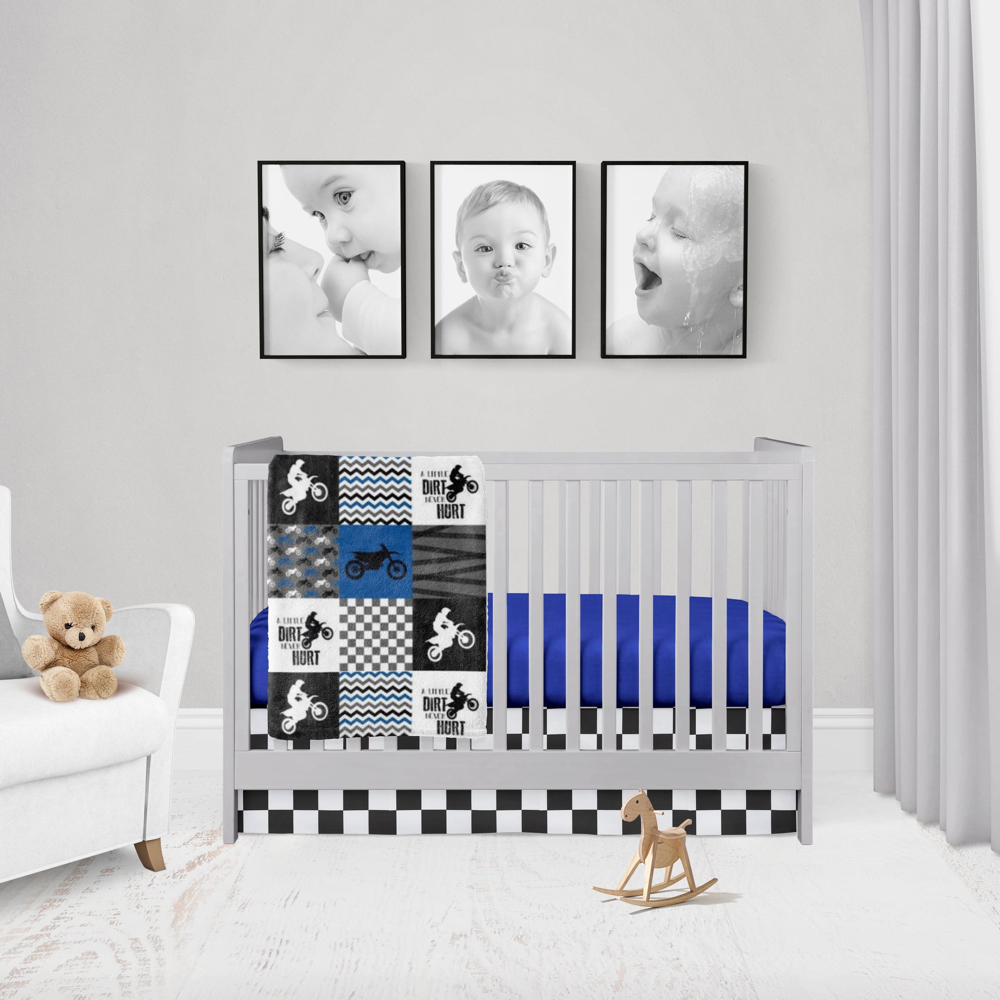 blue & gray motocross minky blanket, blue crib sheet & racing crib skirt
