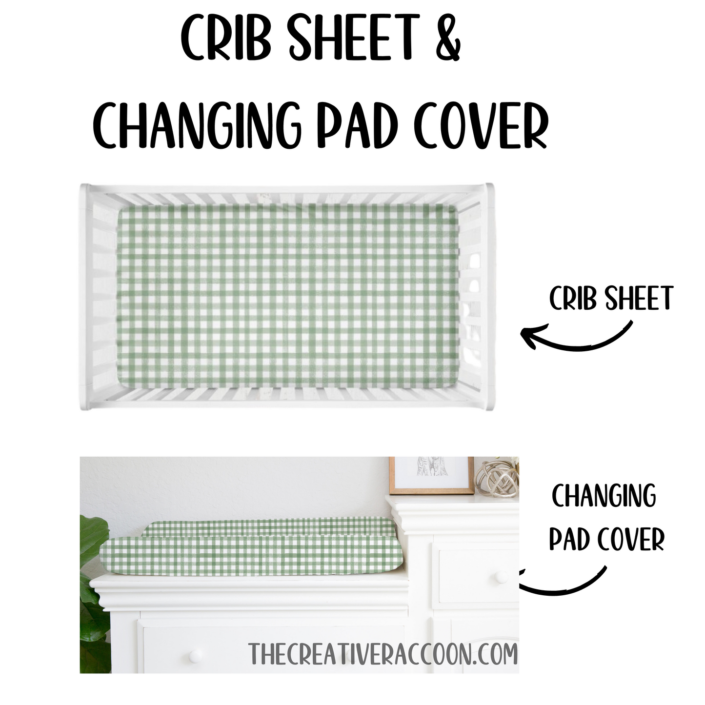 sage green crib sheet & changing bad cover, available in standard crib & mini crib