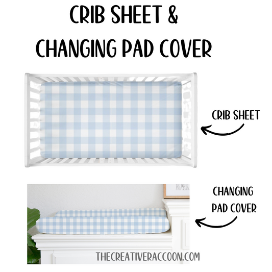light blue & white gingham plaid crib sheet & changing pad cover