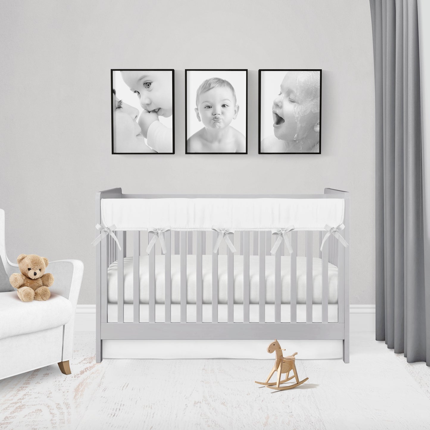 white crib bedding - rail cover, flat crib skirt & crib sheet