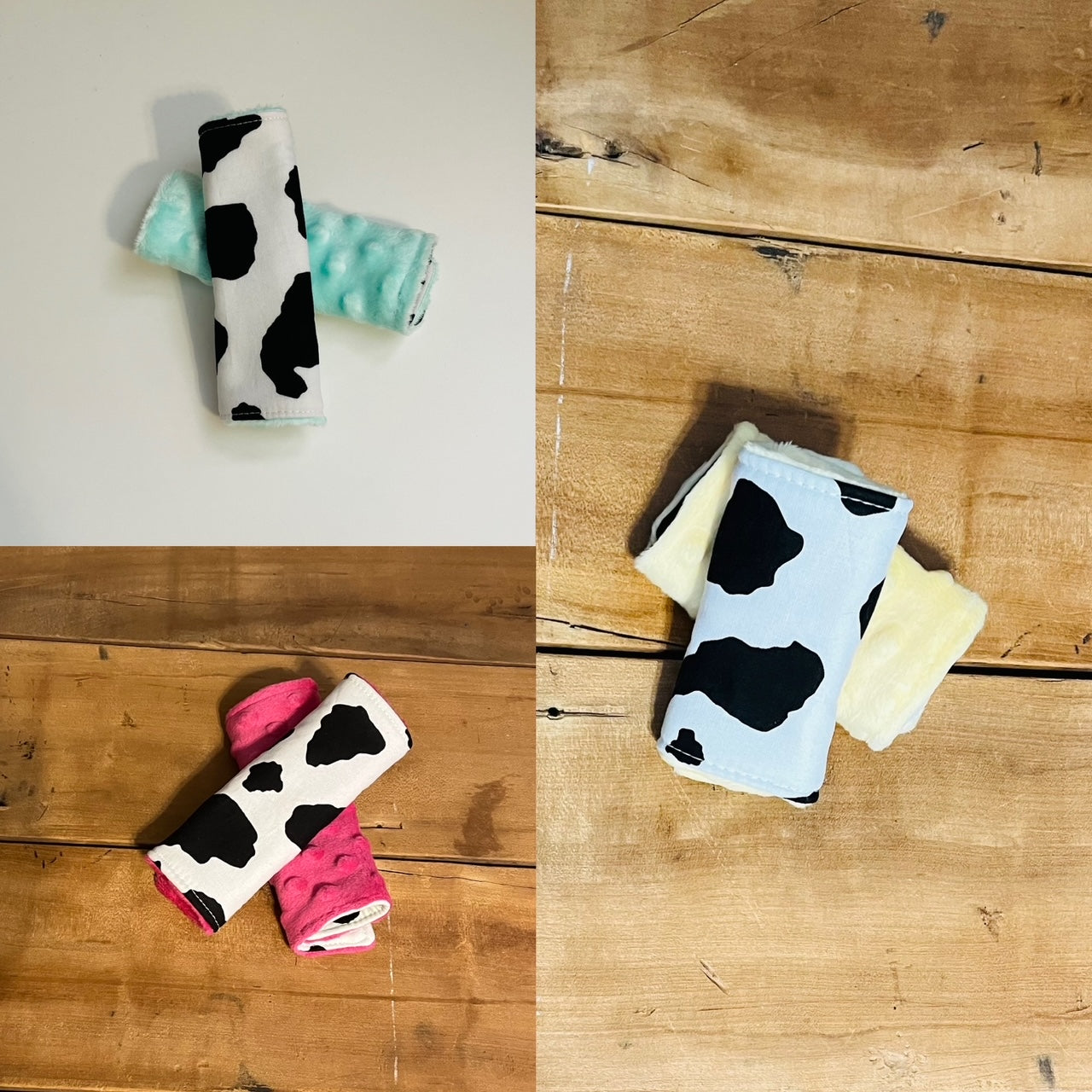 BLACK AND WHITE COW PRINT CAR SEAT STRAP COVERS SHOWN WITH aqua MINKY, yellow and hot pink minky