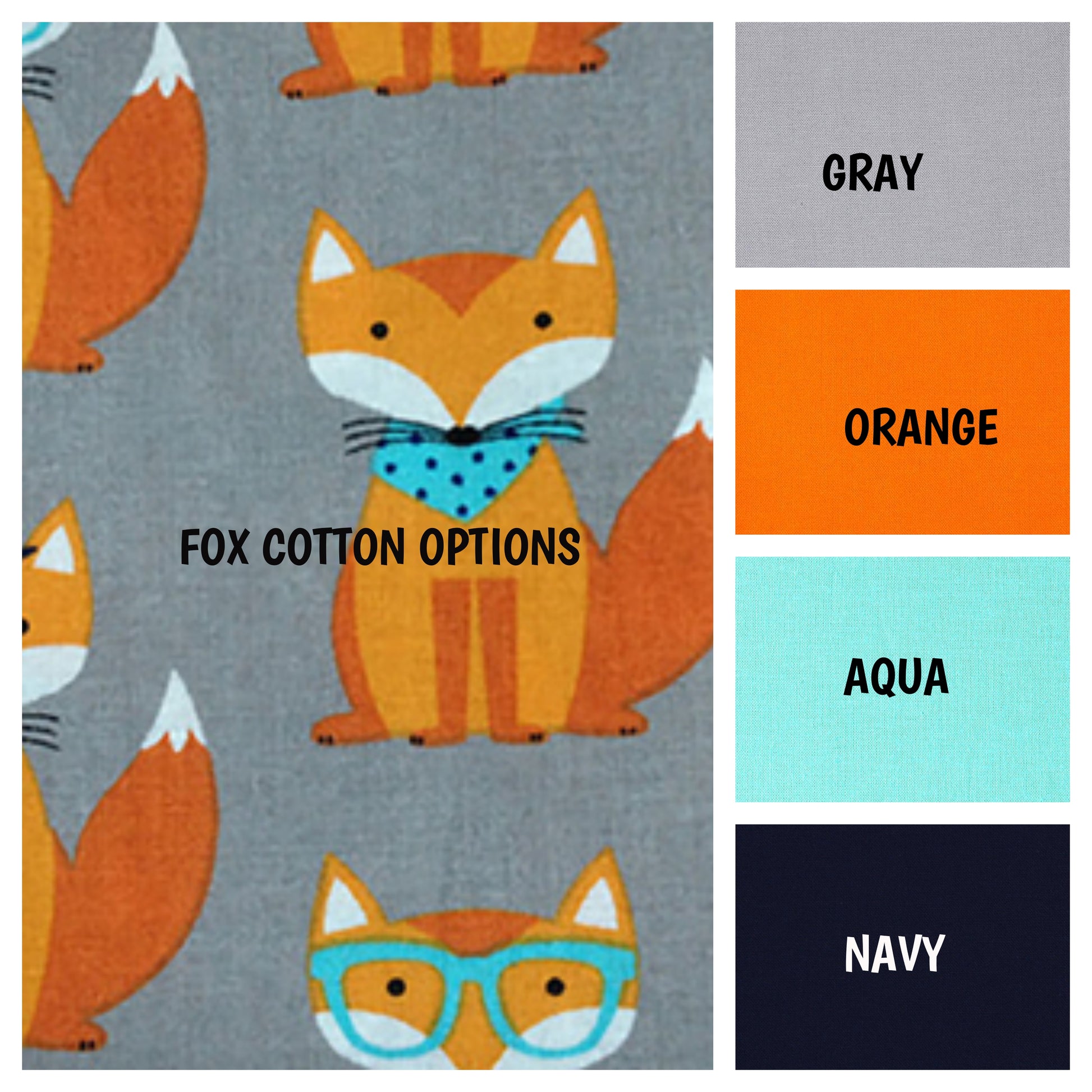 ORANGE FOX COTTON BACK OPTIONS; BLACK, GRAY, ORANGE, AQUA, NAVY