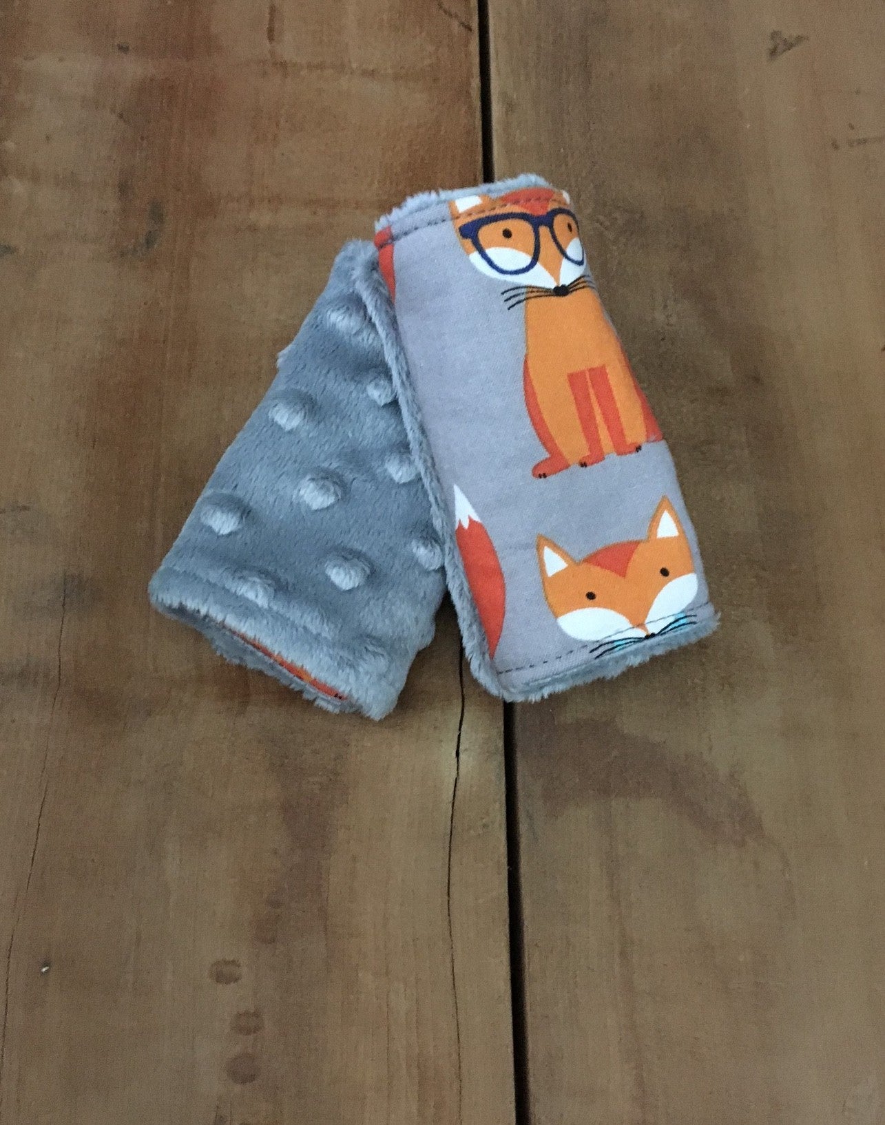 orange nerdy fox car seat strap covers shown in size 4" shown in gray minky