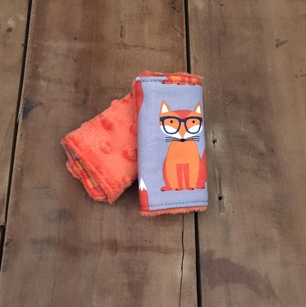 orange nerdy fox car seat strap covers shown in size 4" shown in orange minky 