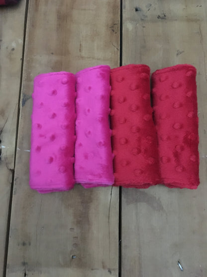 pink and red minky strap covers shown in 6" size