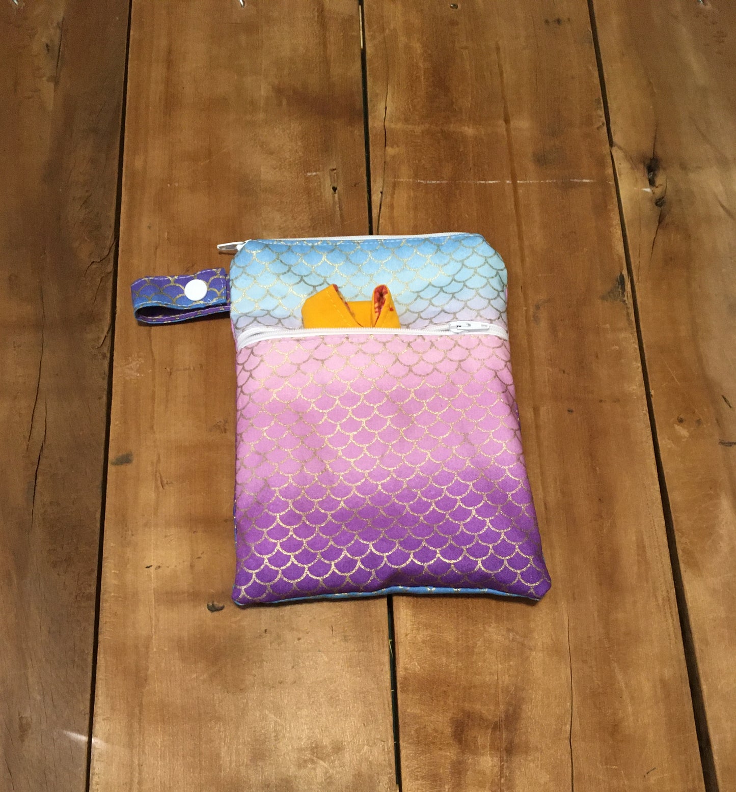 Ombre mermaid scales wet dry cloth pads bag - top pocket is the wet pocket and front pocket is the dry pocket