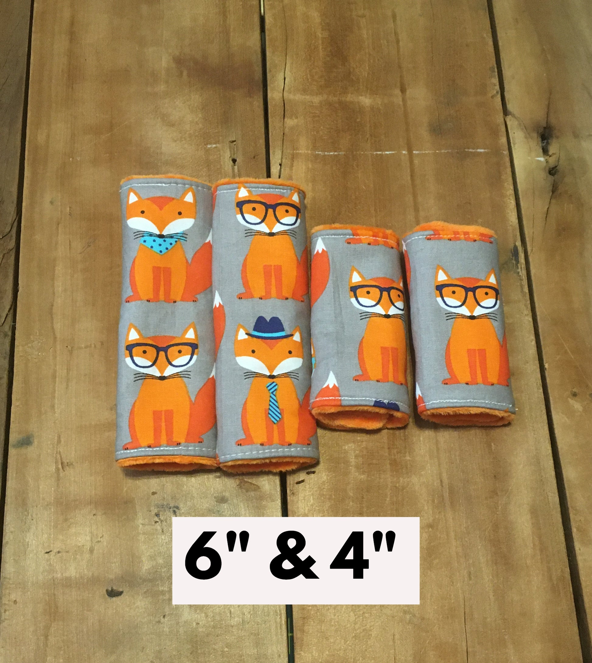 orange nerdy fox car seat strap covers shown in size 6" and 4" 