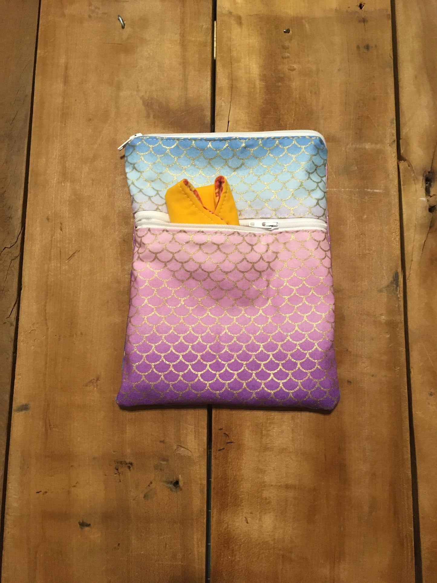 Ombre mermaid scales wet dry cloth pads bag - top pocket is the wet pocket and front pocket is the dry pocket