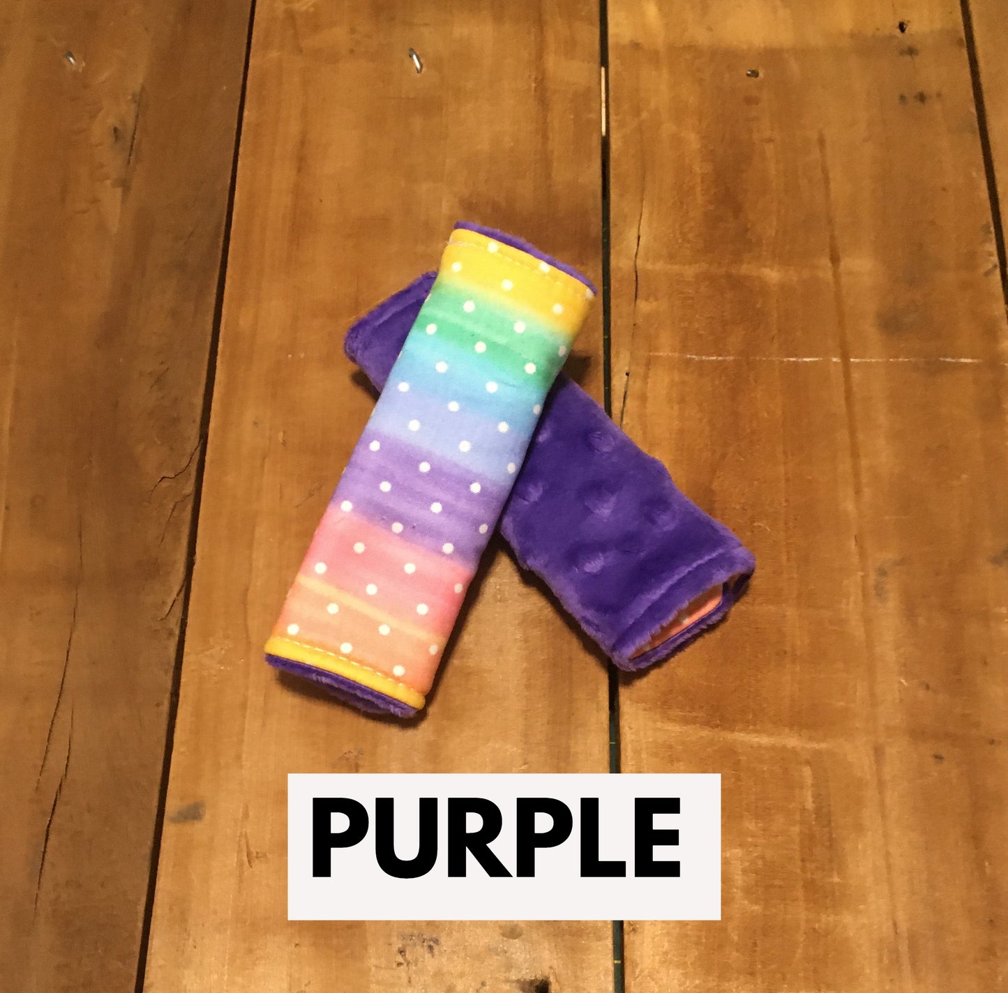 rainbow ombre stars car seat strap covers, shown in 6", with dark purple minky