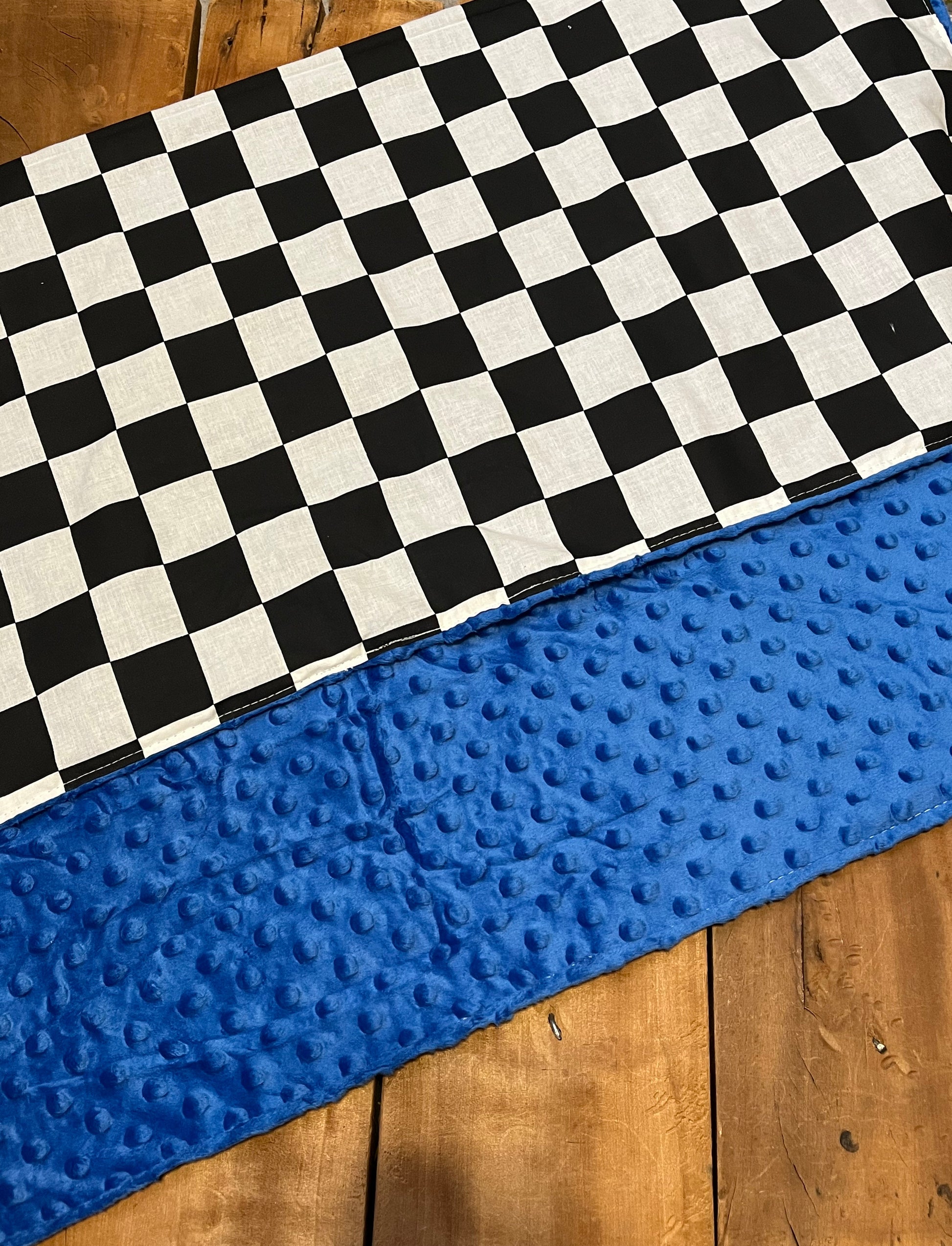 racing check throw blanket shown in blue minky
