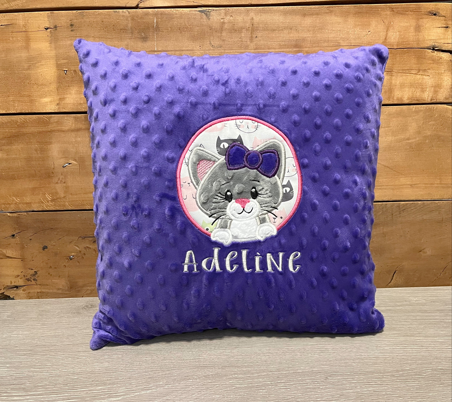 custom cat pillow cover with insert included, shown in purple minky 