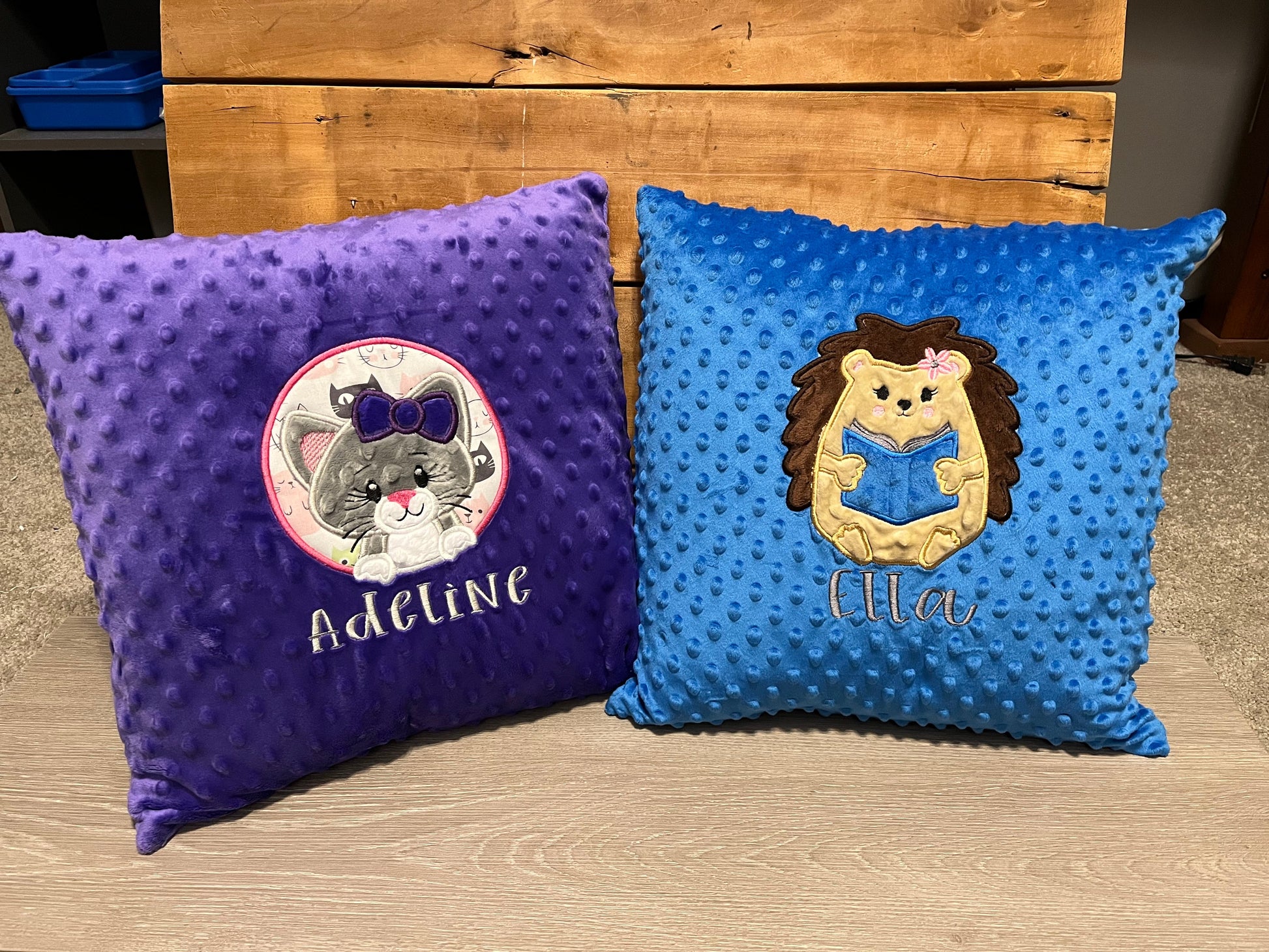 custom cat pillow cover with insert included, shown in purple minky. Blue pillow with hedgehog and name