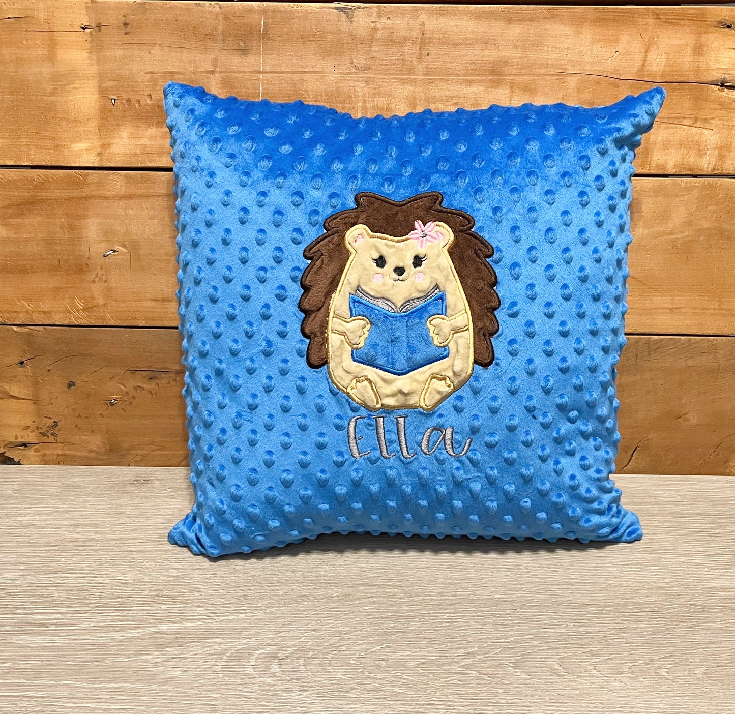 blue minky pillow cover with optional insert, hedgehog embroidered design & name