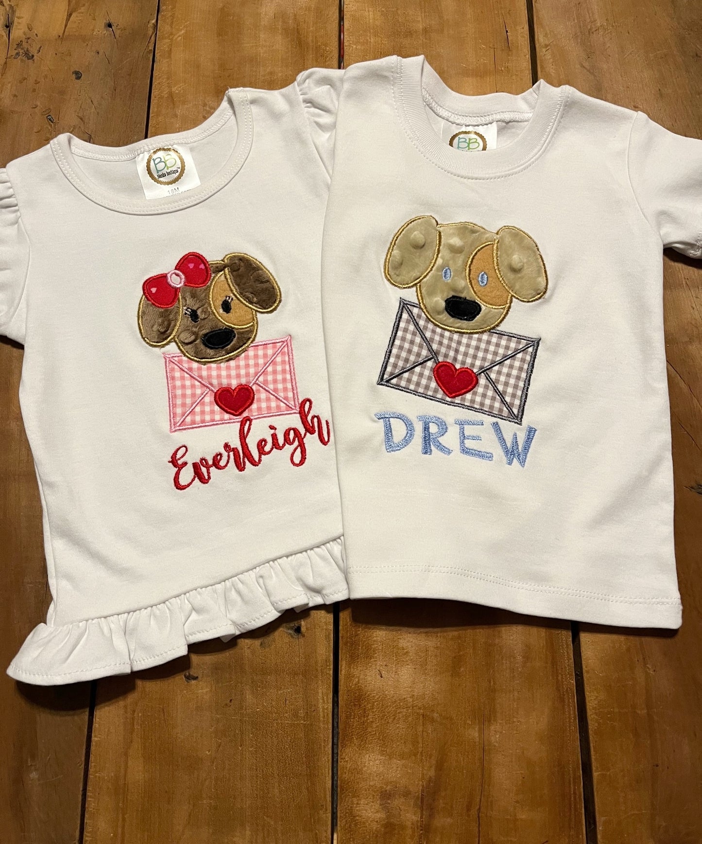 Brother and Sister shirts are available in my shop. white shirt with puppy valentine's day applique design