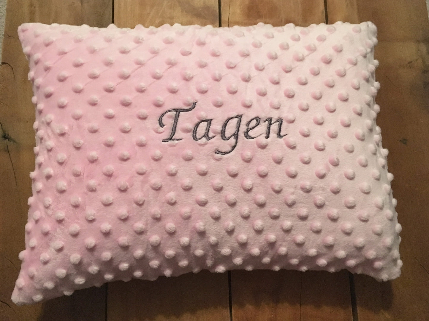 light pink minky pillow cover with embroidered name