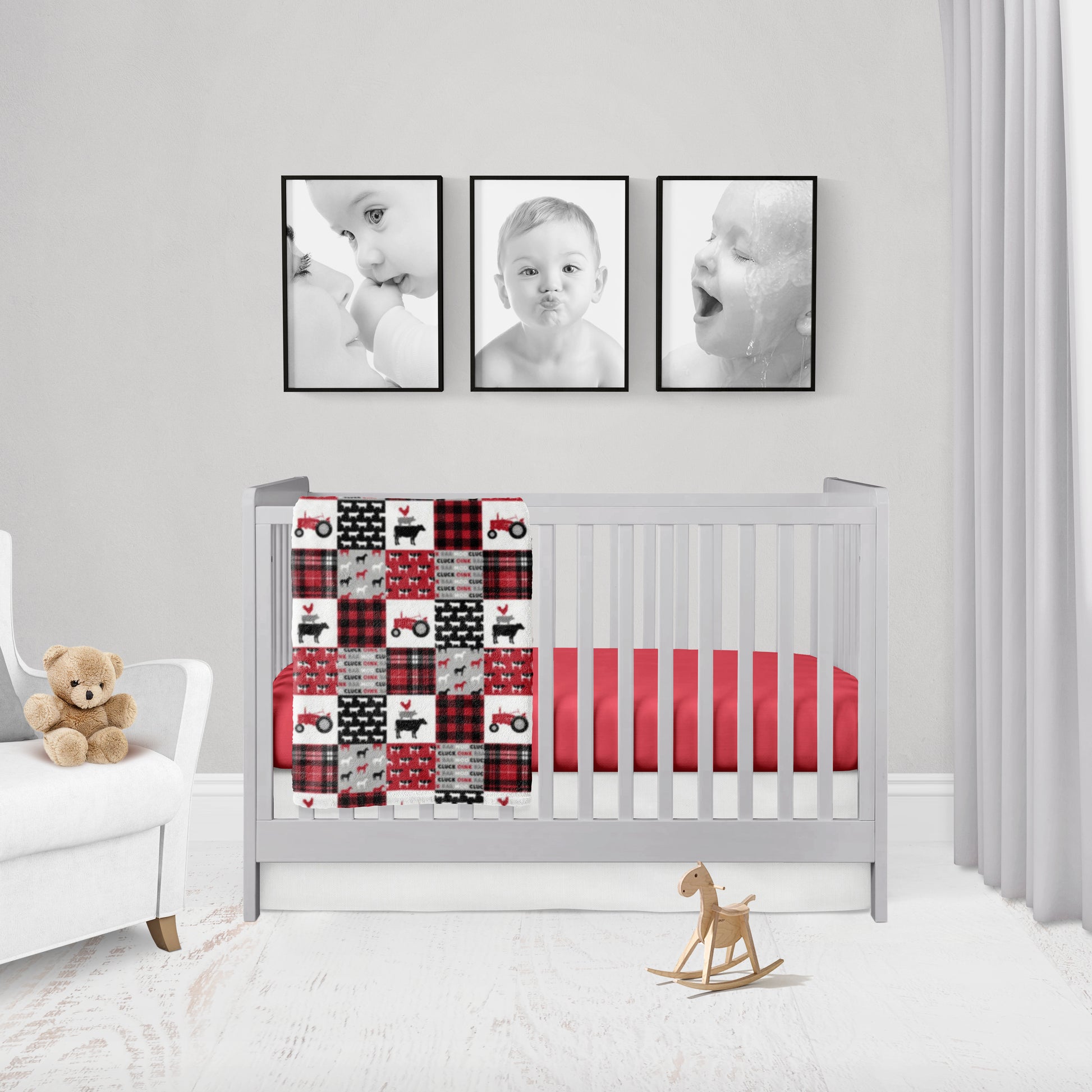 red tractor bedding, red sheet, a red tractor/farm faux minky quilt