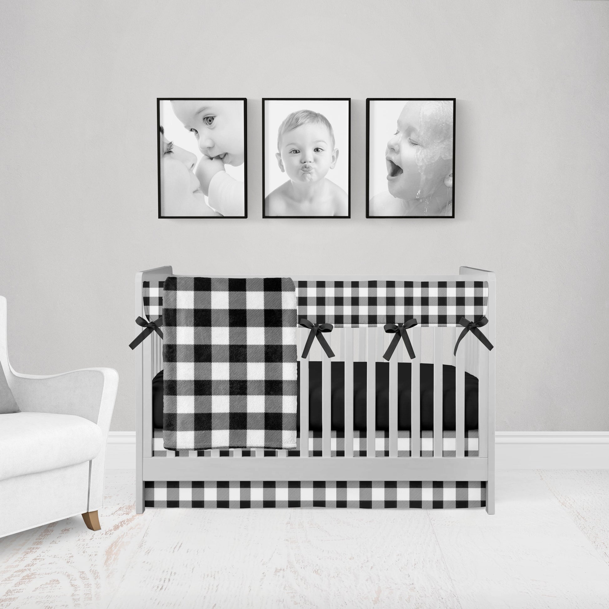 4-piece set - black gingham cotton or minky blanket, rail cover 1 long side with black ties, black crib sheet & 3-sided flat crib skirt. all gingham check will be the same size. 