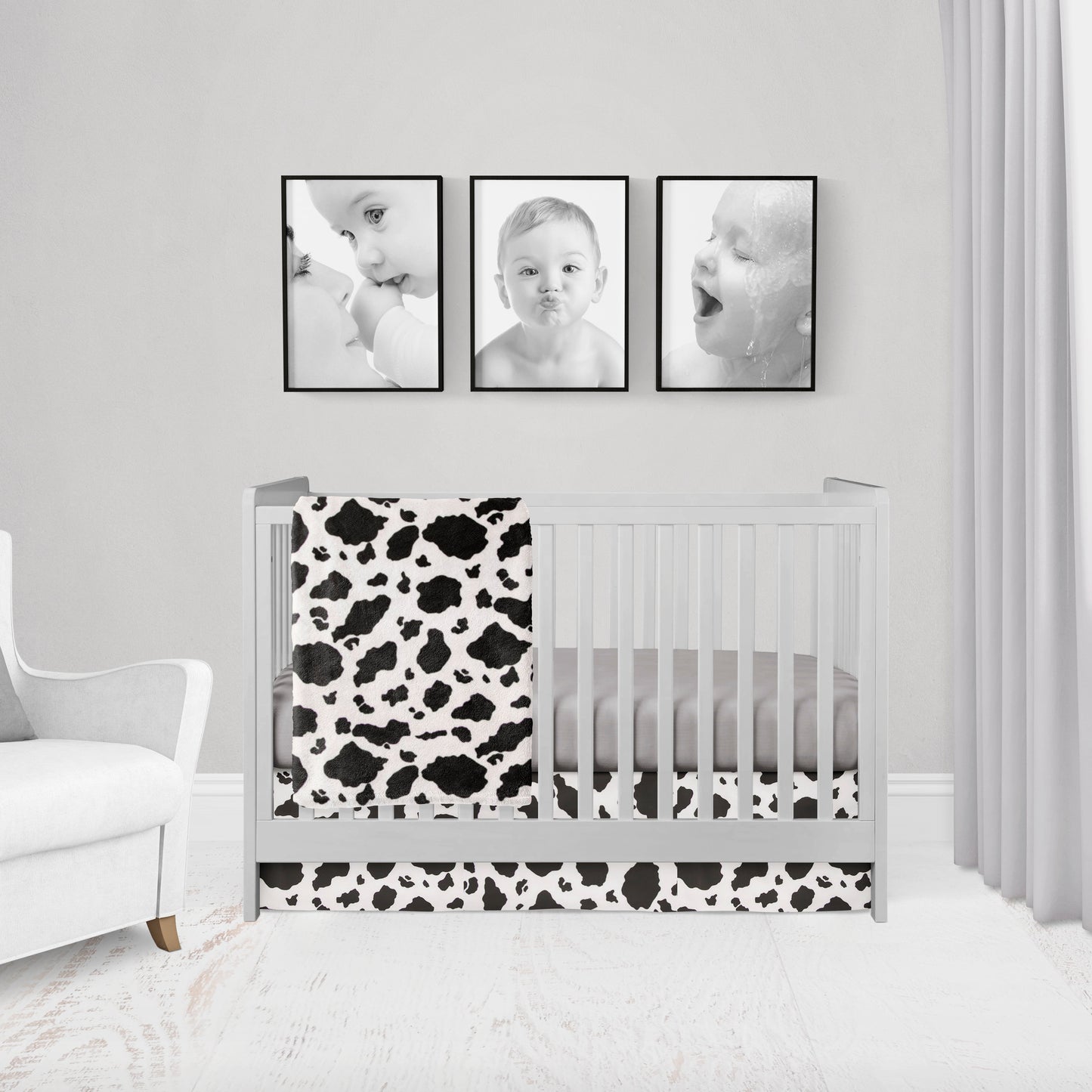 3- piece set - cow print blanket, crib skirt & gray crib sheet