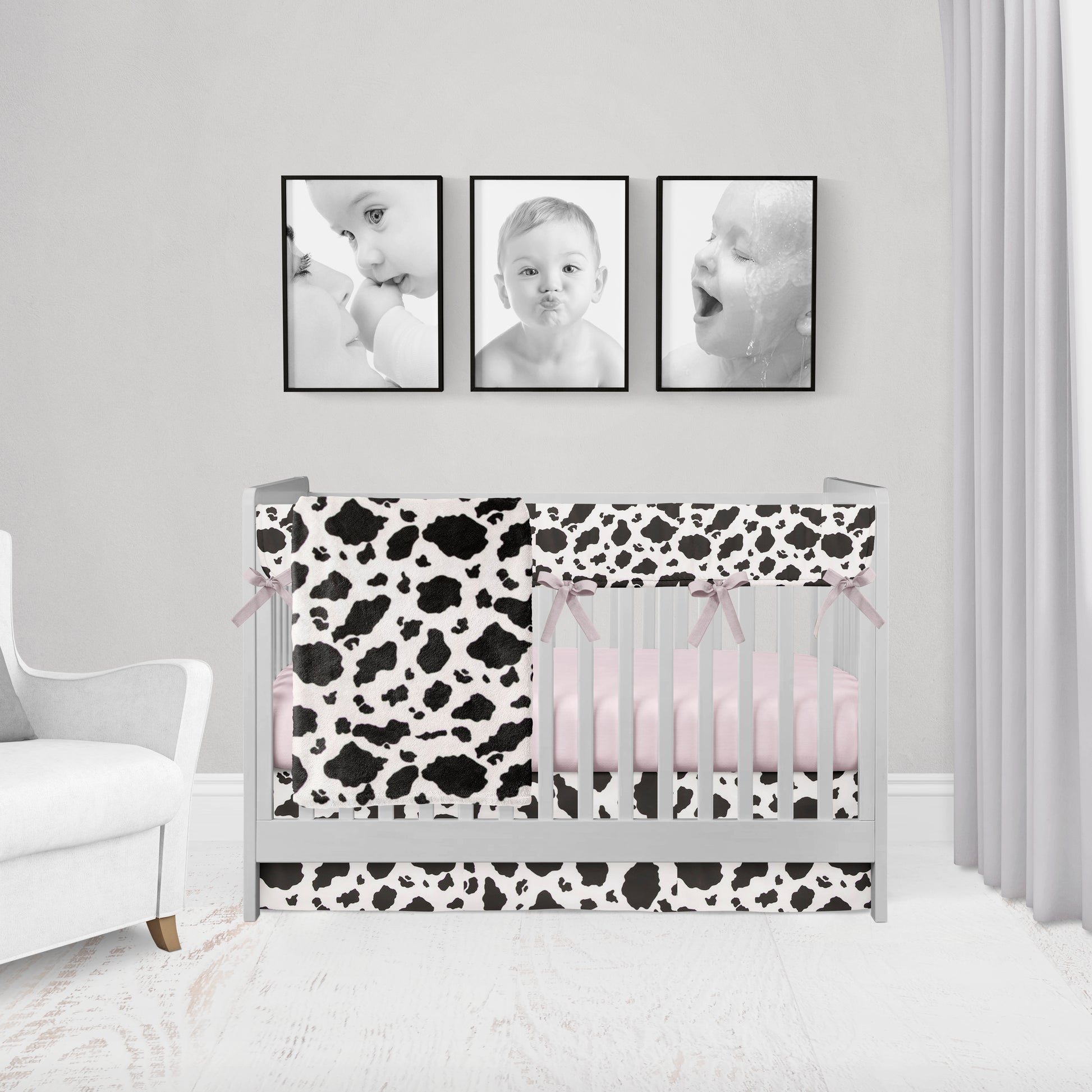 4-5 Piece sets- cow print blanket, rail cover with light pink ties, light pink sheet & cow crib skirt
